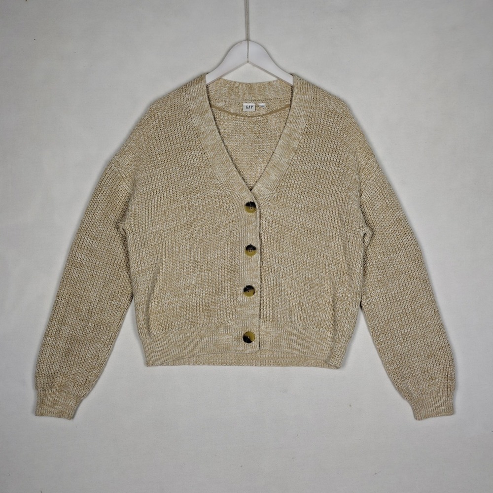 Gap Womens Tan Marled Cotton Shaker Stitch V-Neck Cardigan Sweater Large